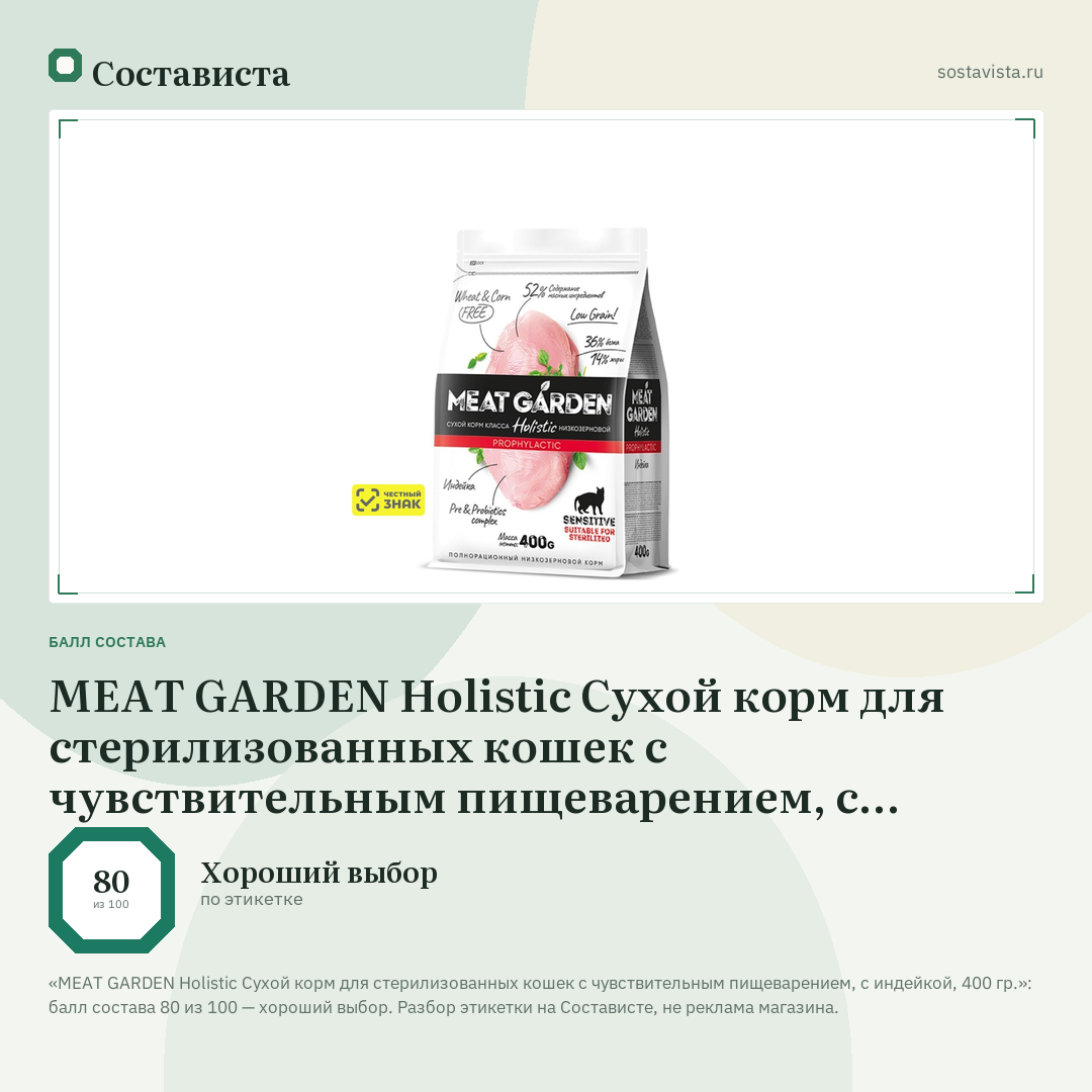 MEAT GARDEN Holistic Сухой корм для стерилизованных кошек с чувствительным пищеварением, с индейкой, 400 гр.: балл состава 80 из 100 — Состависта