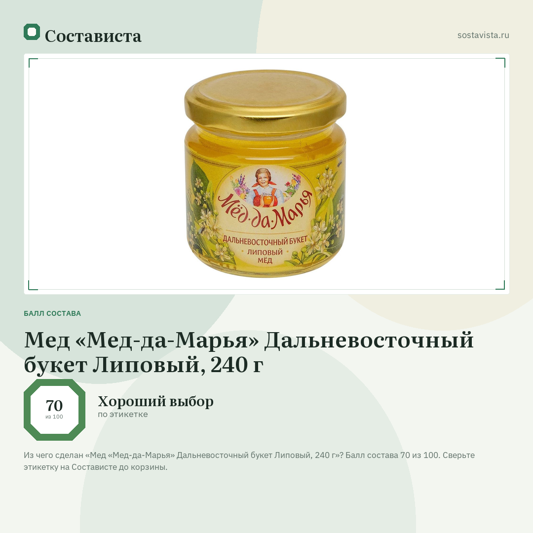 Мед «Мед-да-Марья» Дальневосточный букет Липовый, 240 г: балл состава 70 из 100 — Состависта