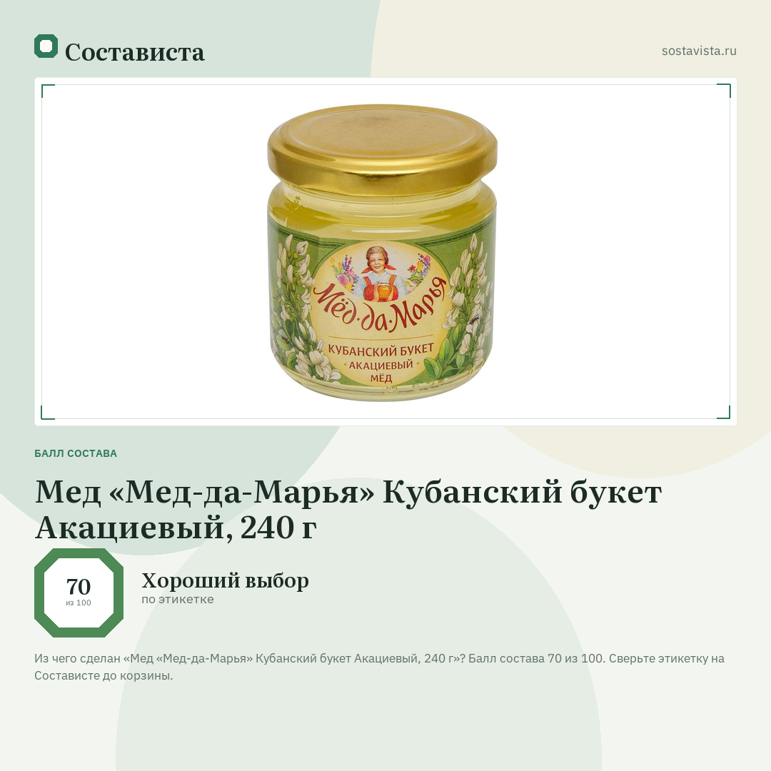 Мед «Мед-да-Марья» Кубанский букет Акациевый, 240 г: балл состава 70 из 100 — Состависта