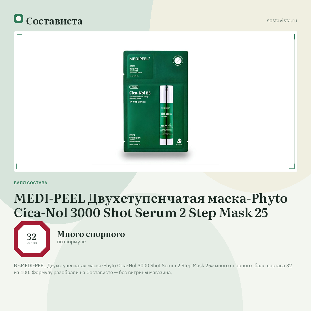 MEDI-PEEL Двухступенчатая маска-Phyto Cica-Nol 3000 Shot Serum 2 Step Mask 25: балл состава 32 из 100 — Состависта