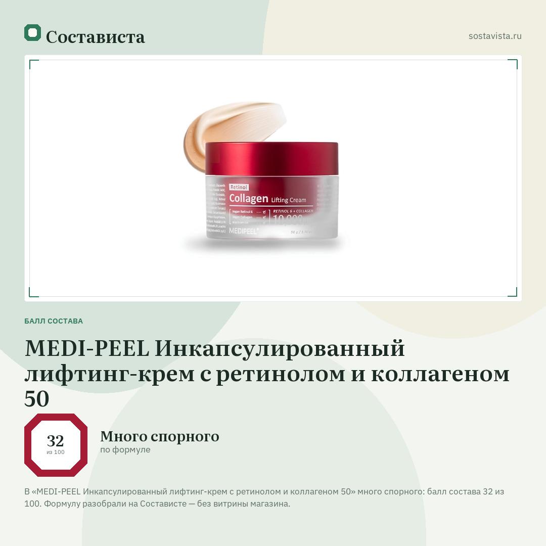 MEDI-PEEL Инкапсулированный лифтинг-крем с ретинолом и коллагеном 50: балл состава 32 из 100 — Состависта