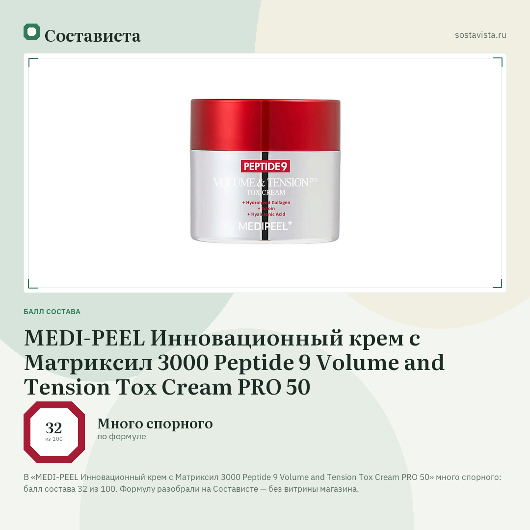 MEDI-PEEL Инновационный крем с Матриксил 3000 Peptide 9 Volume and Tension Tox Cream PRO 50: балл состава 32 из 100 — Состависта