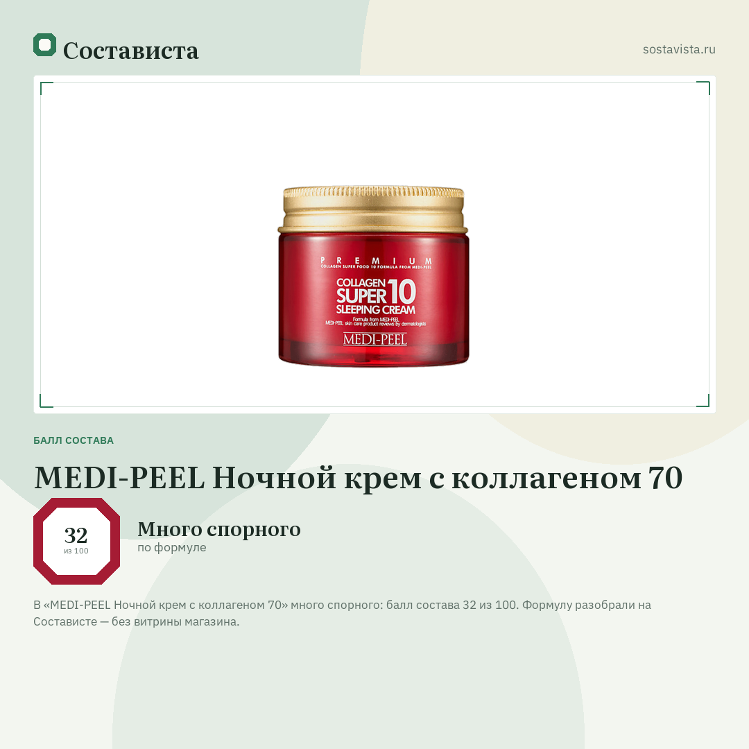 MEDI-PEEL Ночной крем с коллагеном 70: балл состава 32 из 100 — Состависта