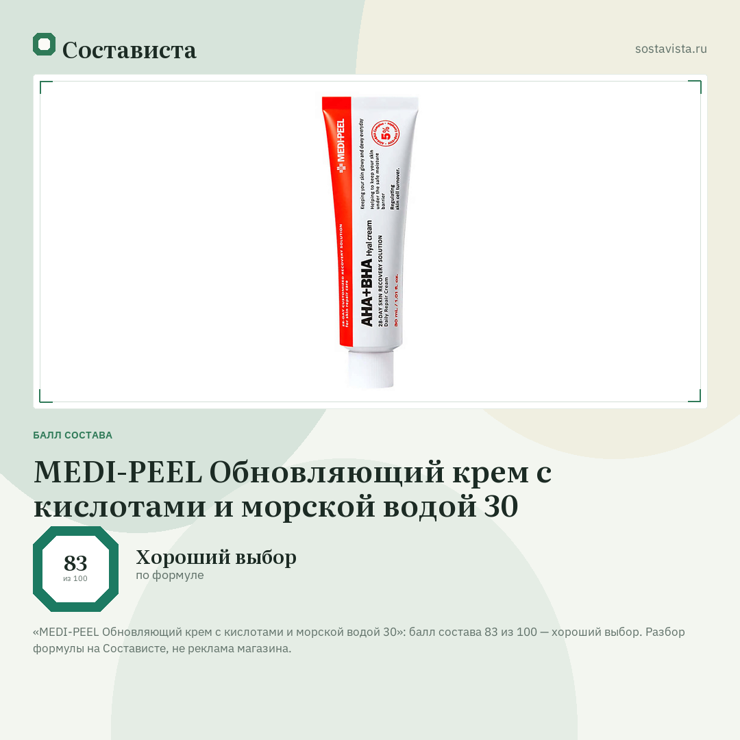MEDI-PEEL Обновляющий крем с кислотами и морской водой 30: балл состава 83 из 100 — Состависта