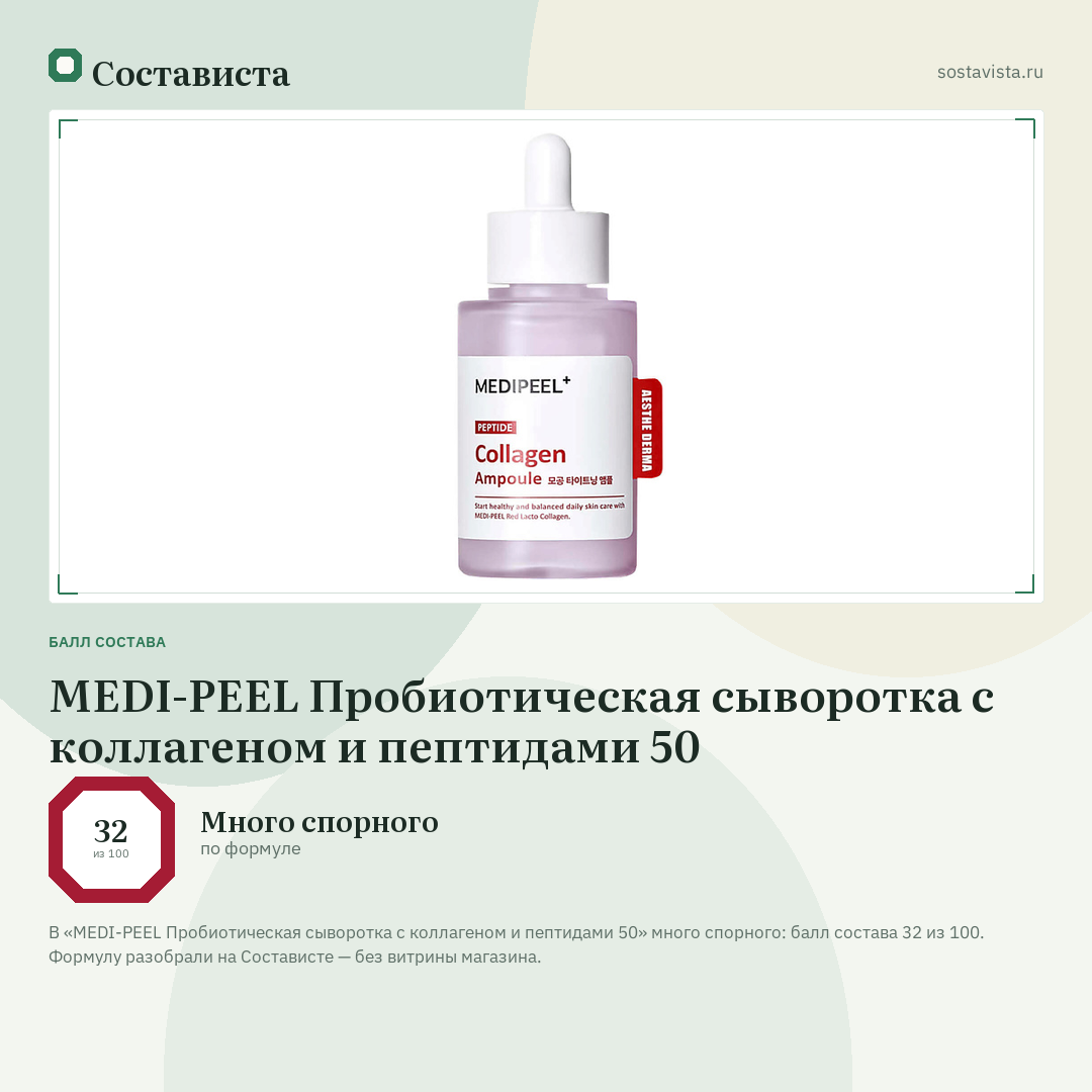 MEDI-PEEL Пробиотическая сыворотка с коллагеном и пептидами 50: балл состава 32 из 100 — Состависта