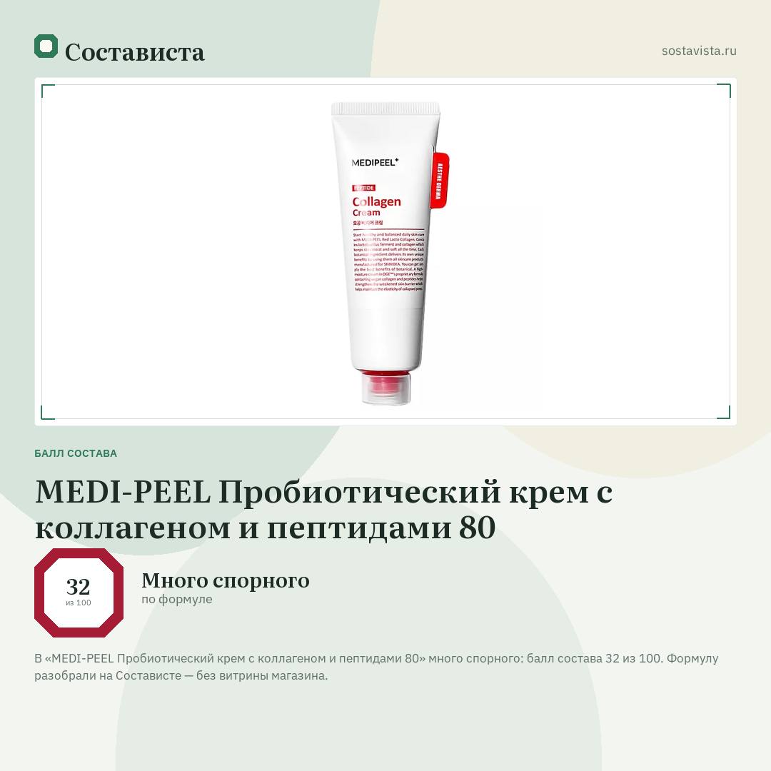 MEDI-PEEL Пробиотический крем с коллагеном и пептидами 80: балл состава 32 из 100 — Состависта