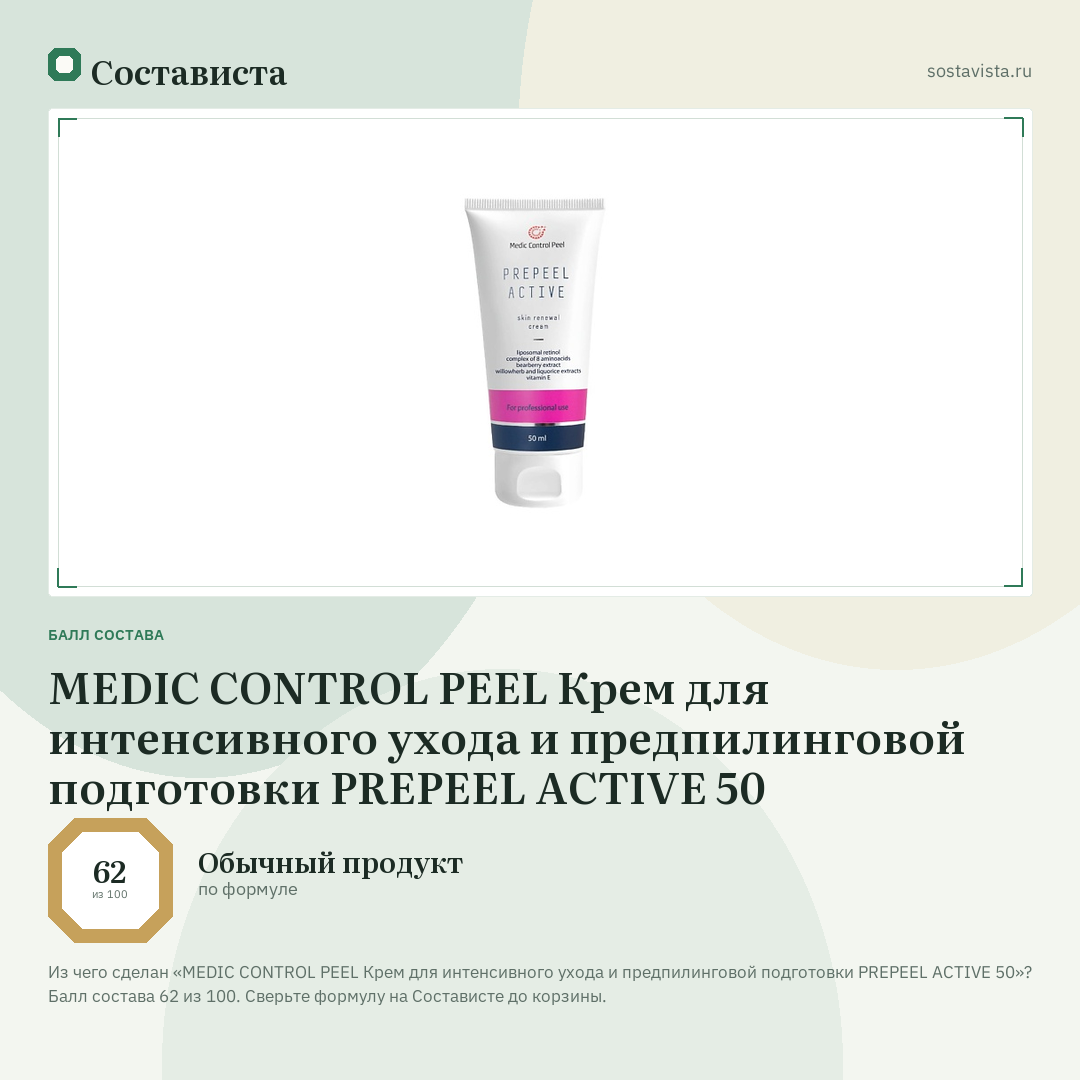 MEDIC CONTROL PEEL Крем для интенсивного ухода и предпилинговой подготовки PREPEEL ACTIVE 50: балл состава 62 из 100 — Состависта