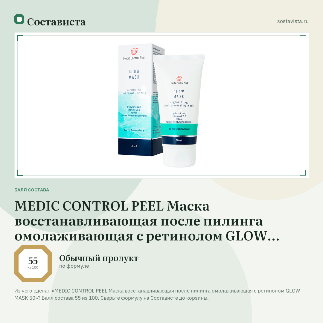 MEDIC CONTROL PEEL Маска восстанавливающая после пилинга омолаживающая с ретинолом GLOW MASK 50: балл состава 55 из 100 — Состависта