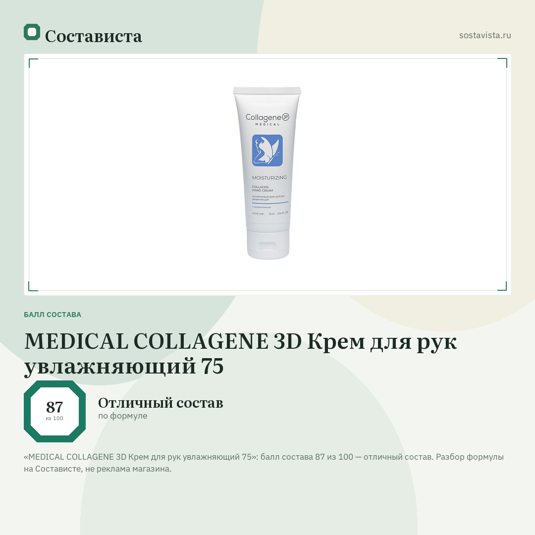 MEDICAL COLLAGENE 3D Крем для рук увлажняющий 75: балл состава 87 из 100 — Состависта