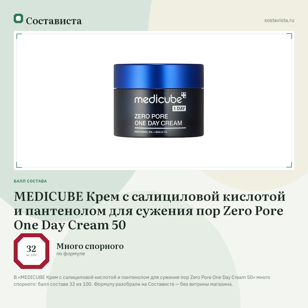 MEDICUBE Крем с салициловой кислотой и пантенолом для сужения пор Zero Pore One Day Cream 50: балл состава 32 из 100 — Состависта
