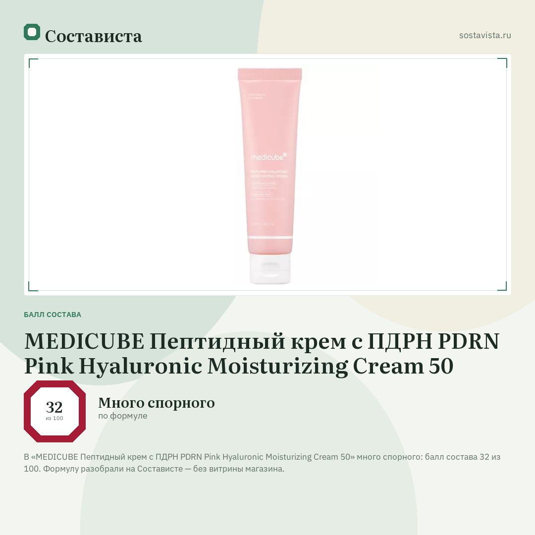 MEDICUBE Пептидный крем с ПДРН PDRN Pink Hyaluronic Moisturizing Cream 50: балл состава 32 из 100 — Состависта