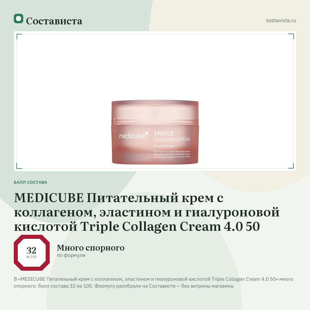 MEDICUBE Питательный крем с коллагеном, эластином и гиалуроновой кислотой Triple Collagen Cream 4.0 50: балл состава 32 из 100 — Состависта