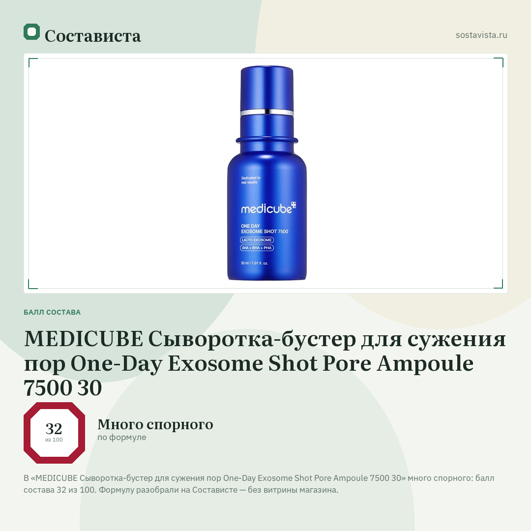 MEDICUBE Сыворотка-бустер для сужения пор One-Day Exosome Shot Pore Ampoule 7500 30: балл состава 32 из 100 — Состависта