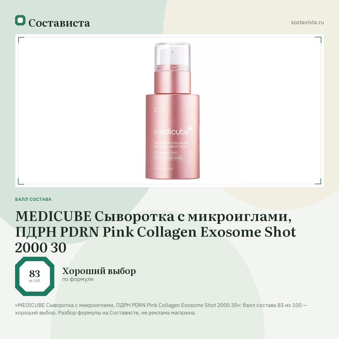 MEDICUBE Сыворотка с микроиглами, ПДРН PDRN Pink Collagen Exosome Shot 2000 30: балл состава 83 из 100 — Состависта