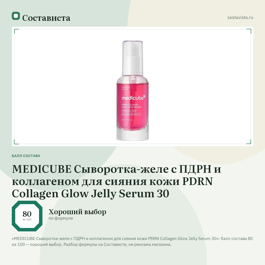 MEDICUBE Сыворотка-желе с ПДРН и коллагеном для сияния кожи PDRN Collagen Glow Jelly Serum 30: балл состава 80 из 100 — Состависта