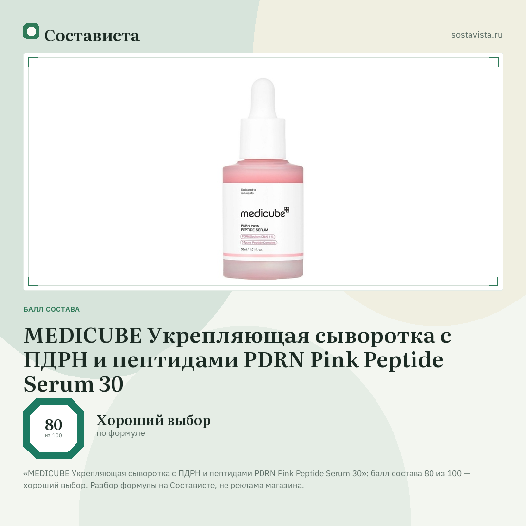 MEDICUBE Укрепляющая сыворотка с ПДРН и пептидами PDRN Pink Peptide Serum 30: балл состава 80 из 100 — Состависта