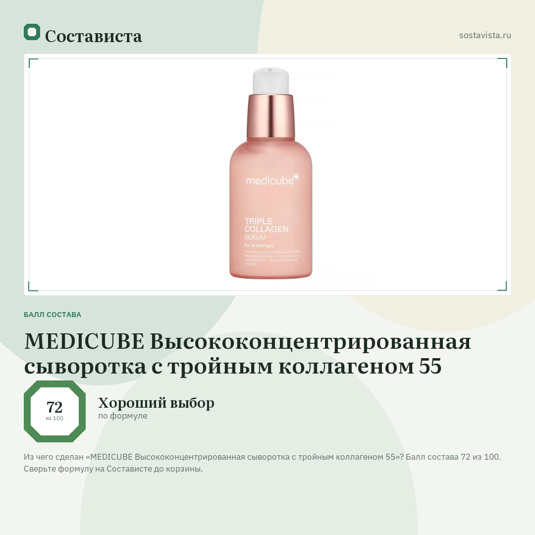 MEDICUBE Высококонцентрированная сыворотка с тройным коллагеном 55: балл состава 72 из 100 — Состависта