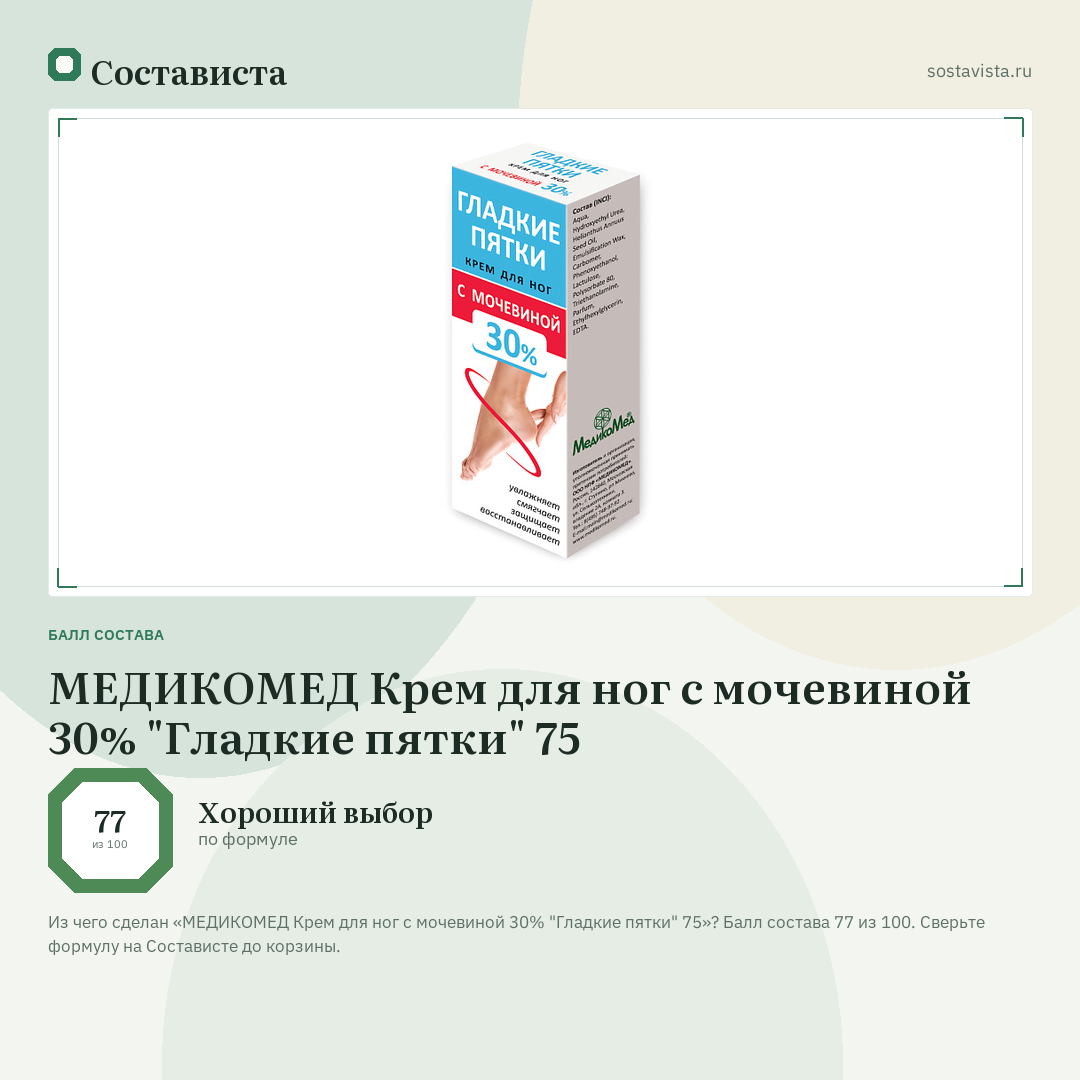 МЕДИКОМЕД Крем для ног с мочевиной 30% "Гладкие пятки" 75: балл состава 77 из 100 — Состависта