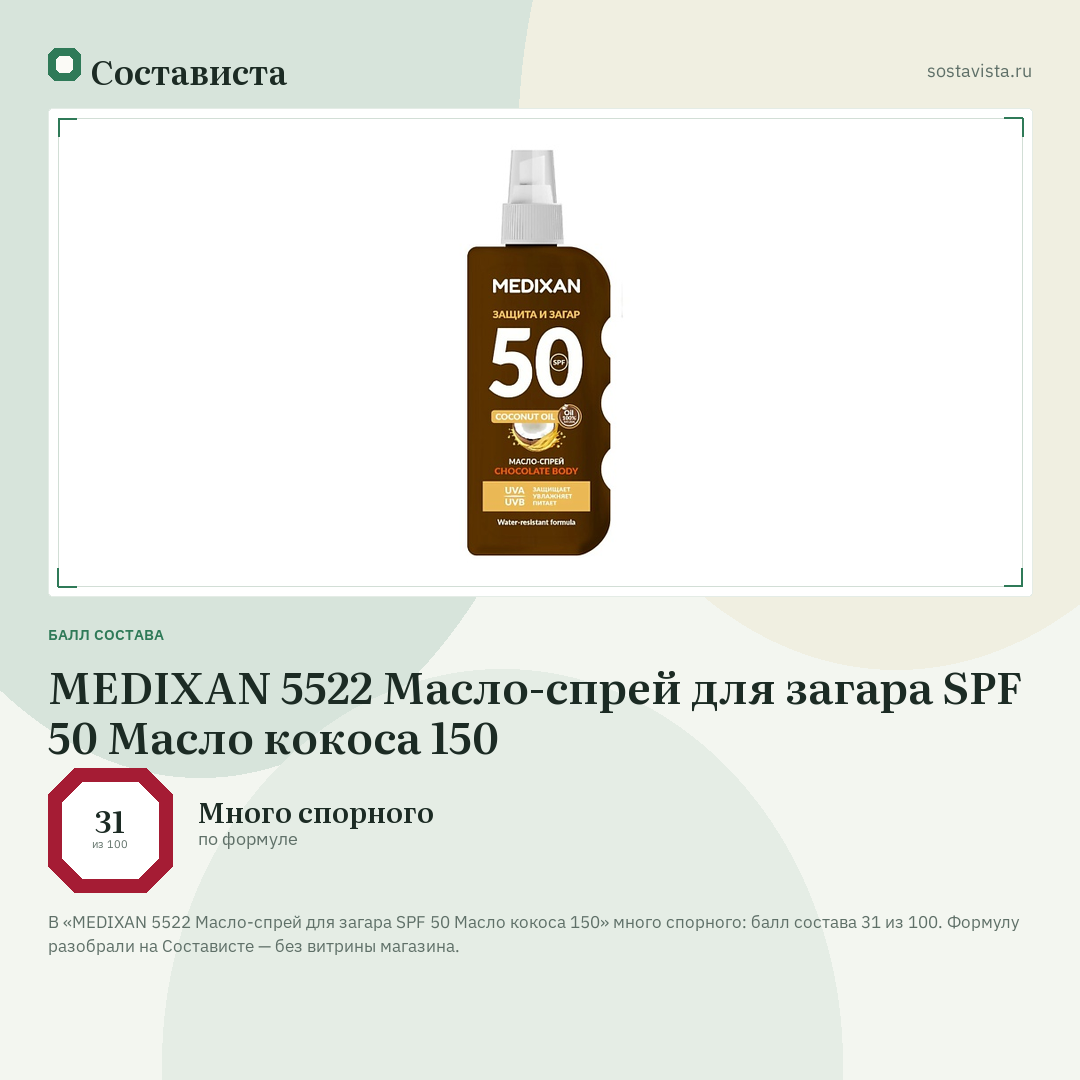 MEDIXAN 5522 Масло-спрей для загара SPF 50 Масло кокоса 150: балл состава 31 из 100 — Состависта