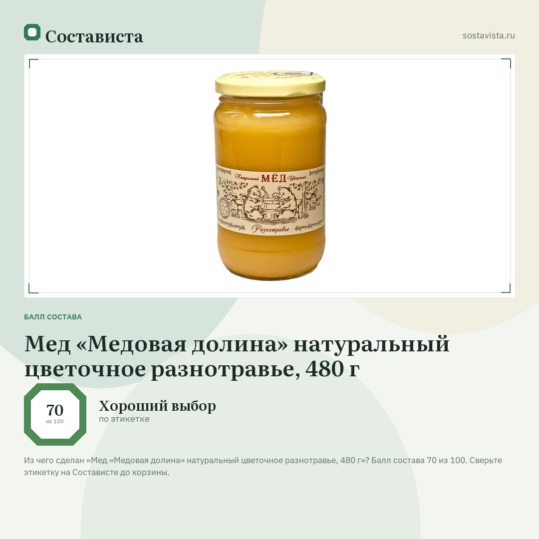 Мед «Медовая долина» натуральный цветочное разнотравье, 480 г: балл состава 70 из 100 — Состависта