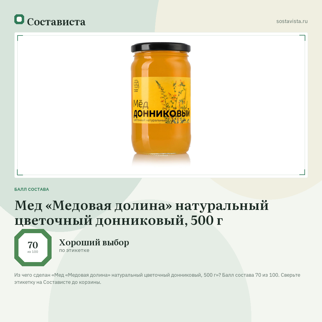 Мед «Медовая долина» натуральный цветочный донниковый, 500 г: балл состава 70 из 100 — Состависта