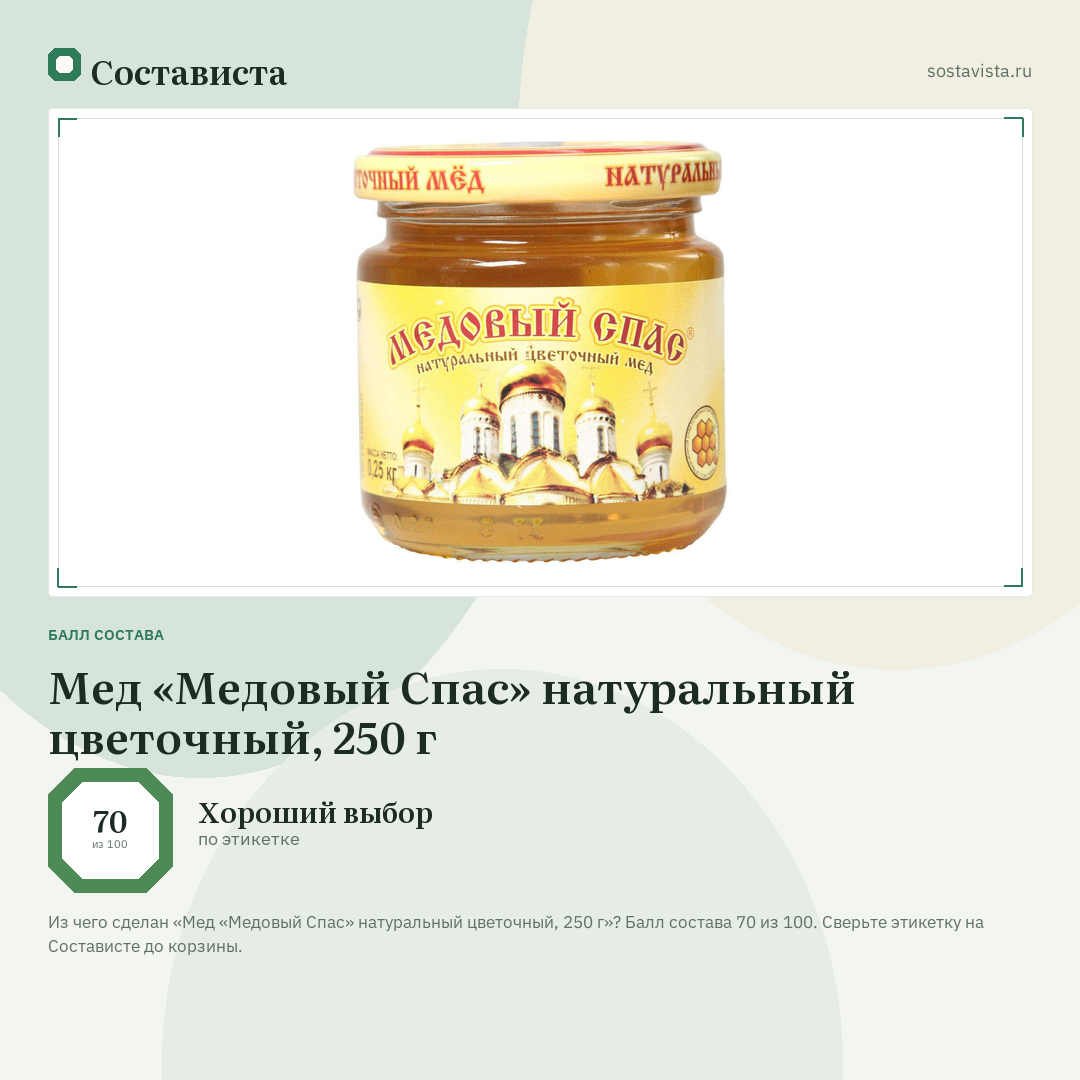 Мед «Медовый Спас» натуральный цветочный, 250 г: балл состава 70 из 100 — Состависта