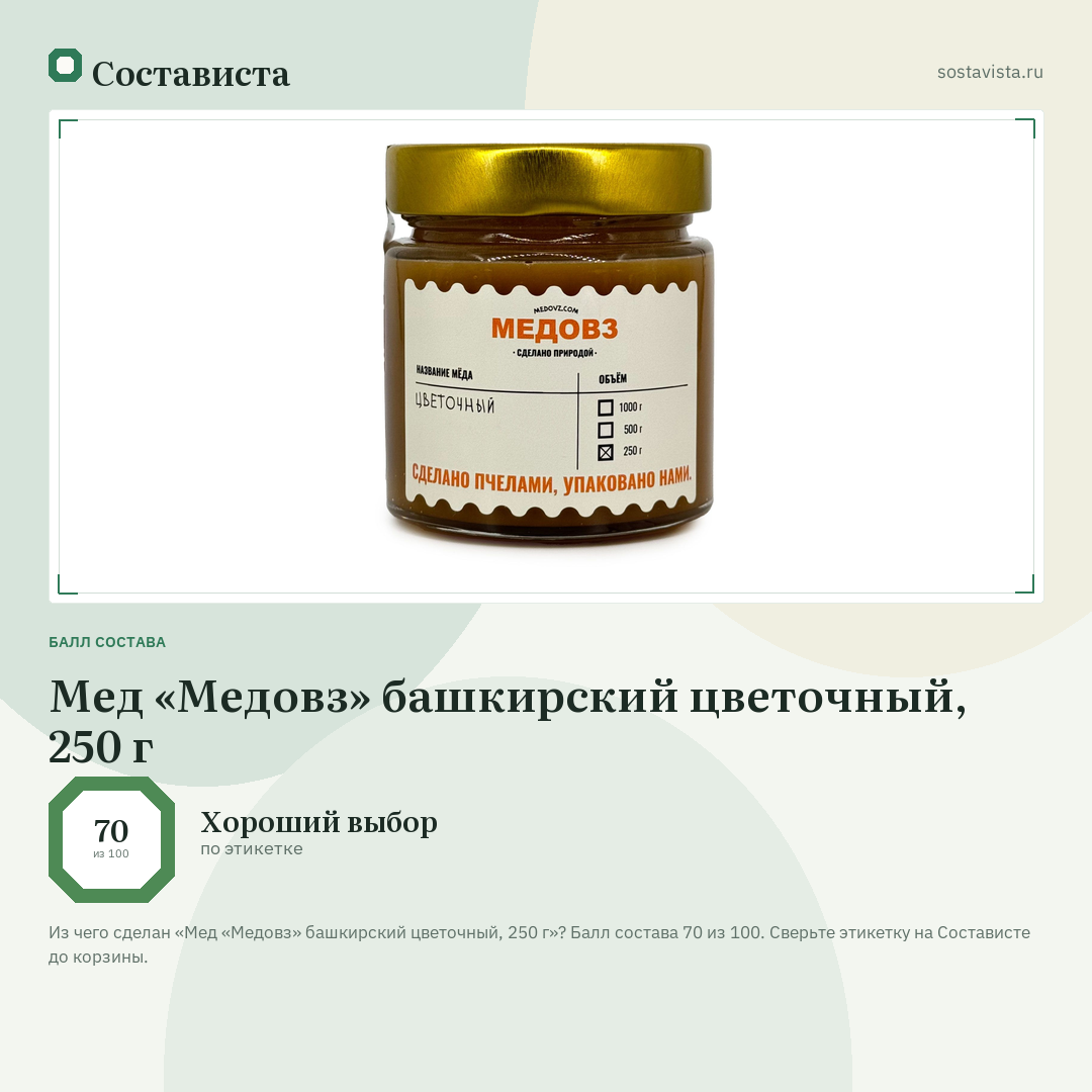 Мед «Медовз» башкирский цветочный, 250 г: балл состава 70 из 100 — Состависта