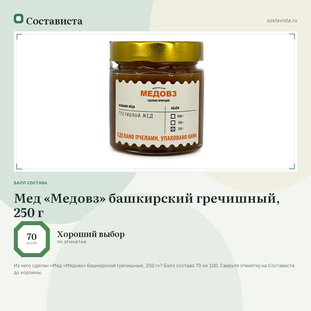 Мед «Медовз» башкирский гречишный, 250 г: балл состава 70 из 100 — Состависта