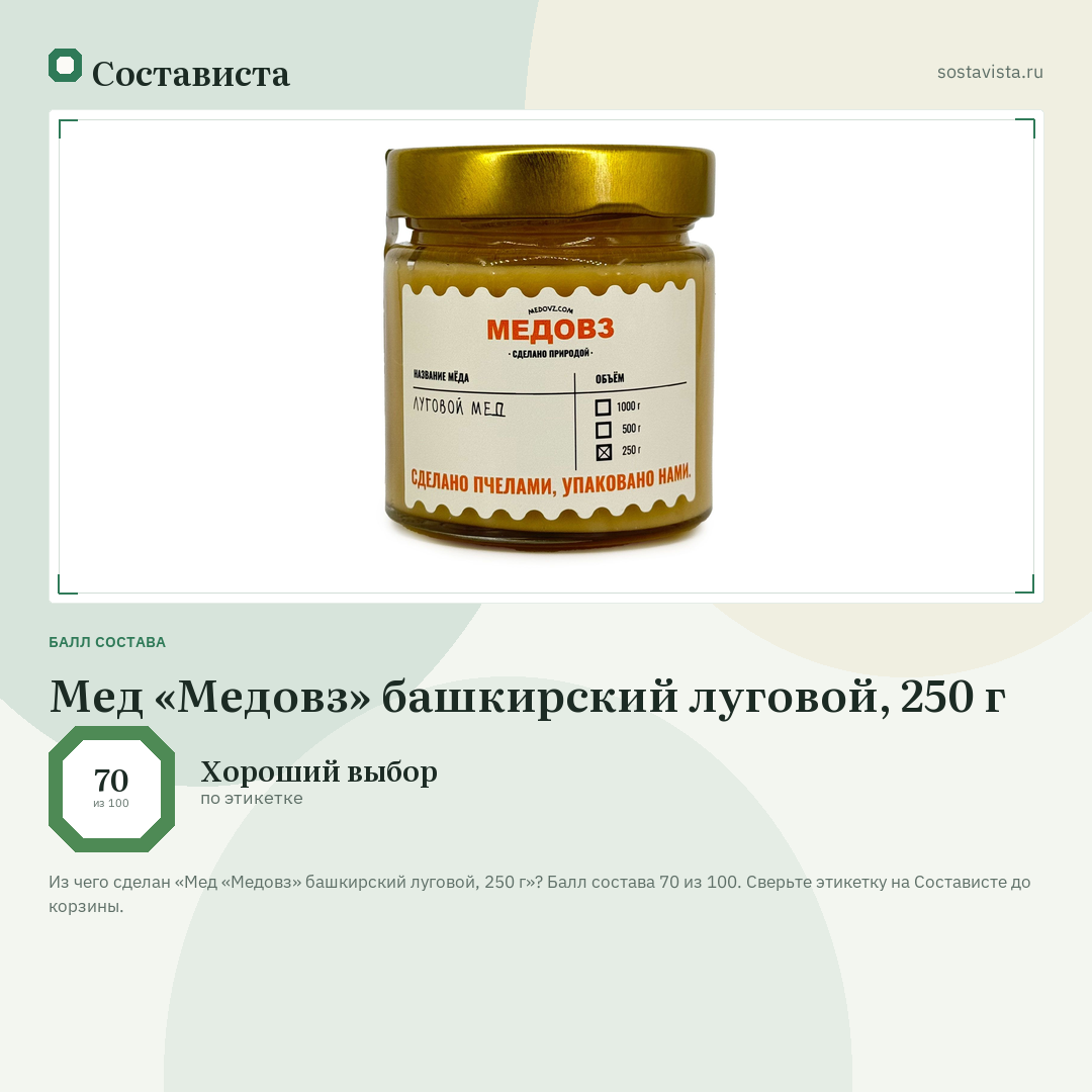 Мед «Медовз» башкирский луговой, 250 г: балл состава 70 из 100 — Состависта