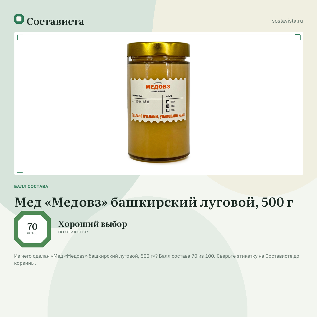 Мед «Медовз» башкирский луговой, 500 г: балл состава 70 из 100 — Состависта