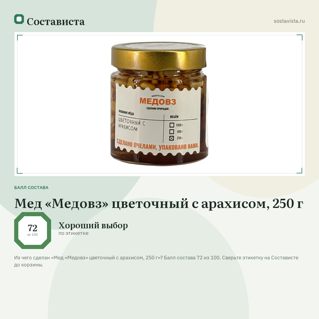 Мед «Медовз» цветочный с арахисом, 250 г: балл состава 72 из 100 — Состависта