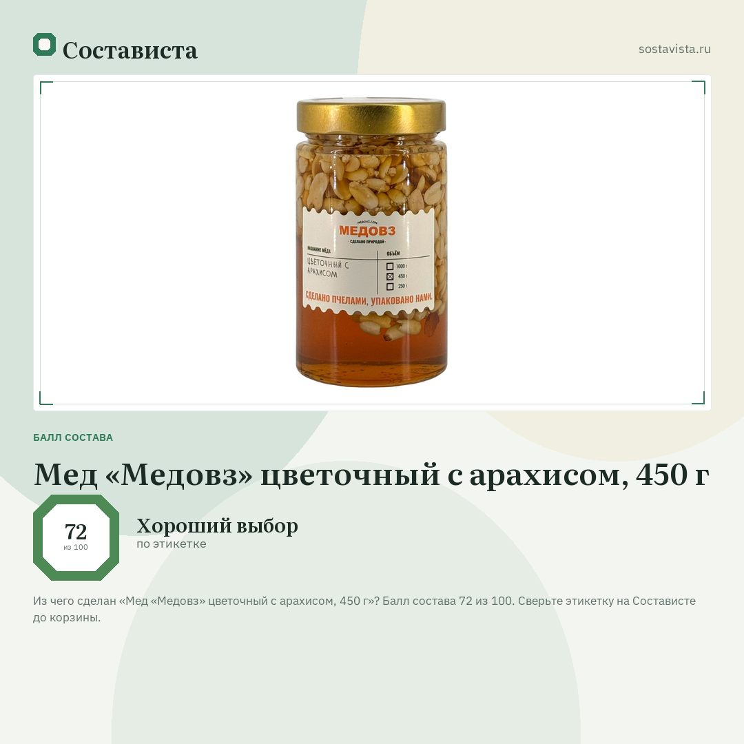 Мед «Медовз» цветочный с арахисом, 450 г: балл состава 72 из 100 — Состависта