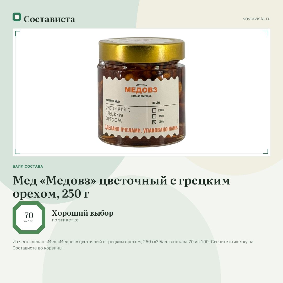 Мед «Медовз» цветочный с грецким орехом, 250 г: балл состава 70 из 100 — Состависта