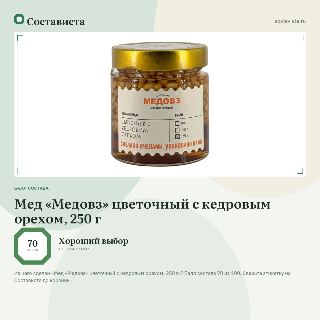 Мед «Медовз» цветочный с кедровым орехом, 250 г: балл состава 70 из 100 — Состависта