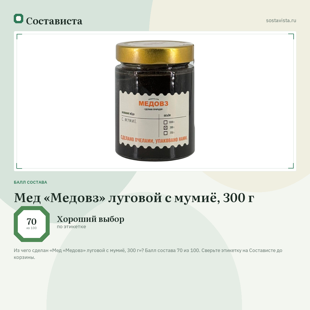 Мед «Медовз» луговой с мумиё, 300 г: балл состава 70 из 100 — Состависта