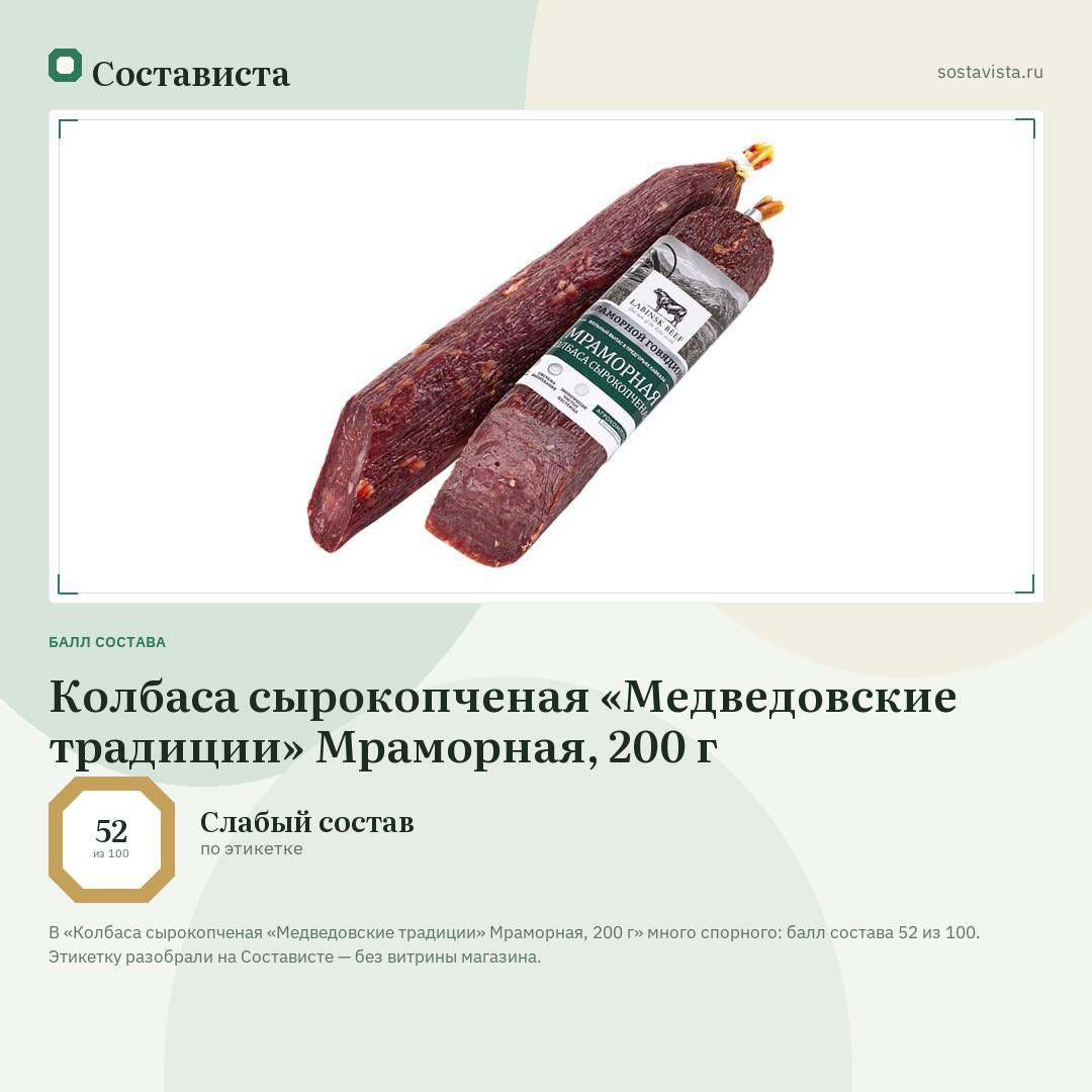 Колбаса сырокопченая «Медведовские традиции» Мраморная, 200 г: балл состава 52 из 100 — Состависта