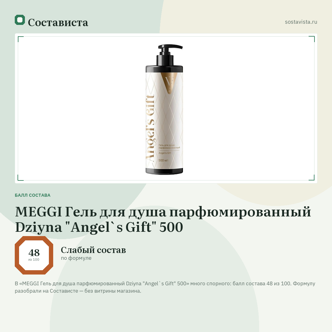 MEGGI Гель для душа парфюмированный Dziyna "Angel`s Gift" 500: балл состава 48 из 100 — Состависта