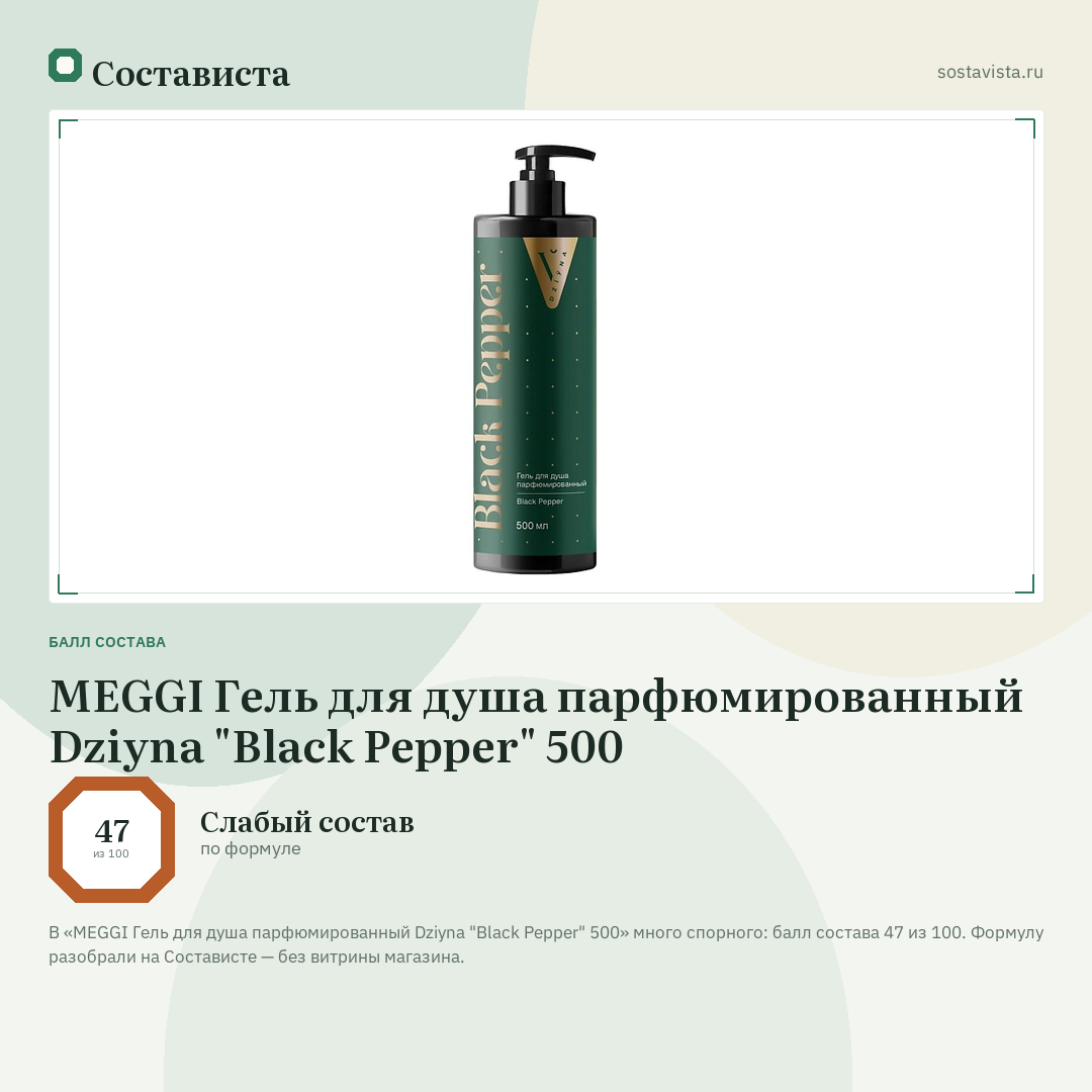 MEGGI Гель для душа парфюмированный Dziyna "Black Pepper" 500: балл состава 47 из 100 — Состависта