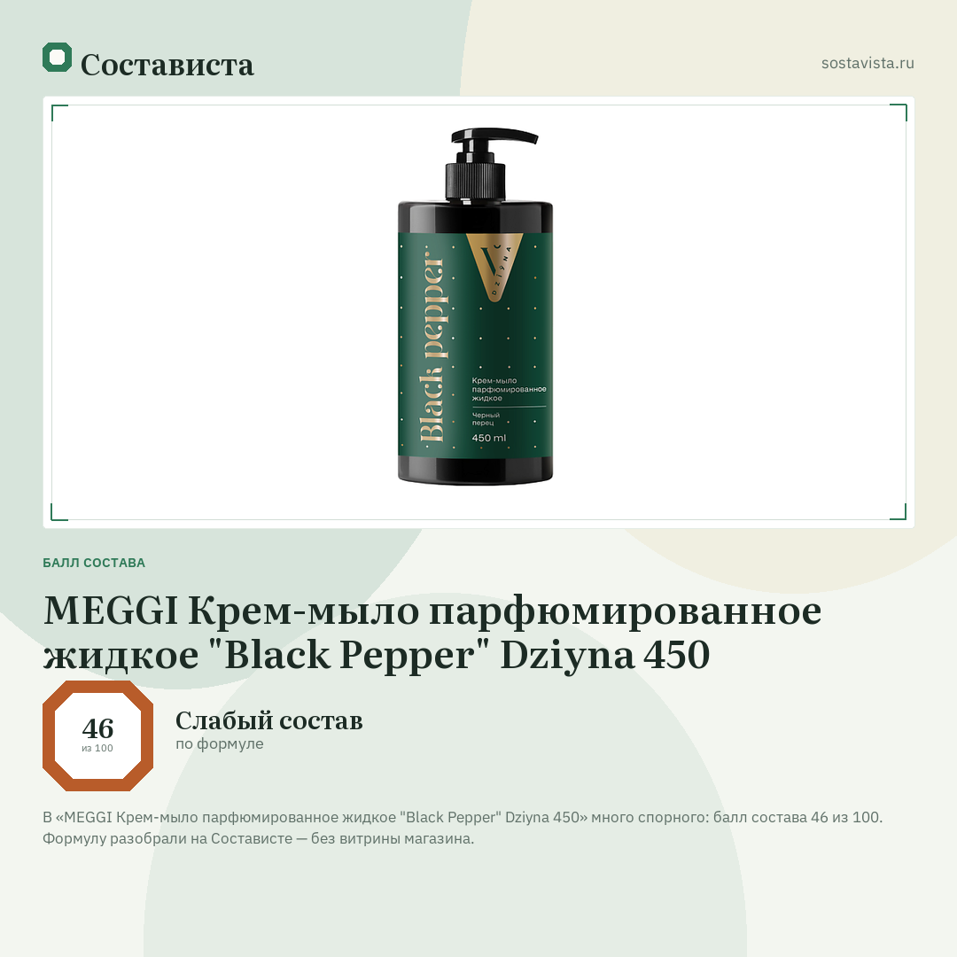 MEGGI Крем-мыло парфюмированное жидкое "Black Pepper" Dziyna 450: балл состава 46 из 100 — Состависта