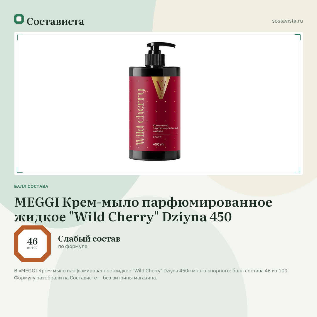 MEGGI Крем-мыло парфюмированное жидкое "Wild Cherry" Dziyna 450: балл состава 46 из 100 — Состависта