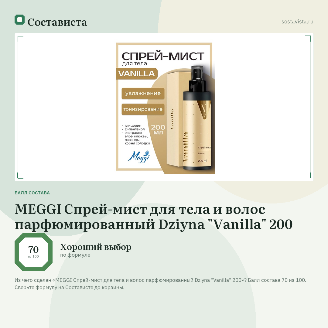 MEGGI Спрей-мист для тела и волос парфюмированный Dziyna "Vanilla" 200: балл состава 70 из 100 — Состависта