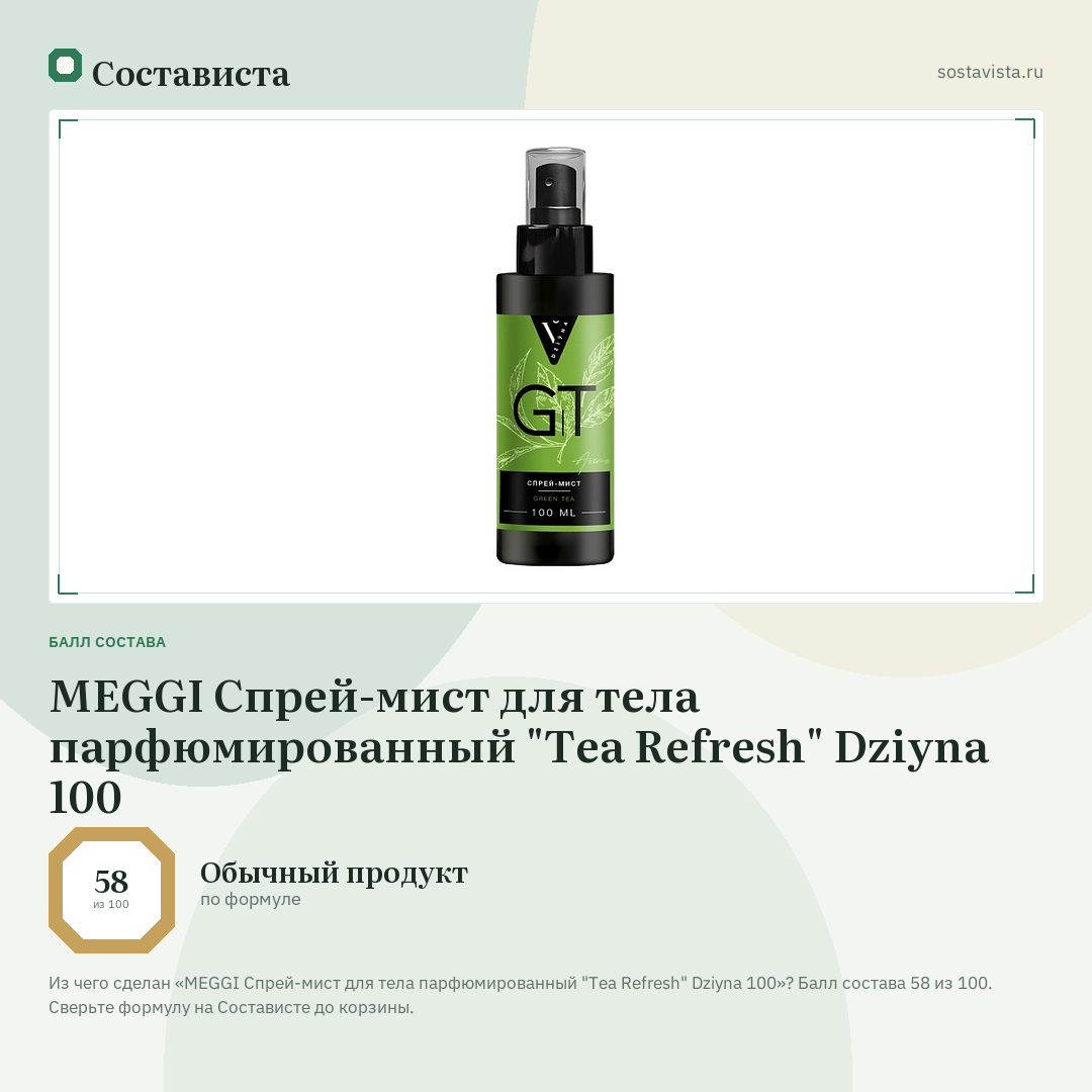 MEGGI Спрей-мист для тела парфюмированный "Tea Refresh" Dziyna 100: балл состава 58 из 100 — Состависта
