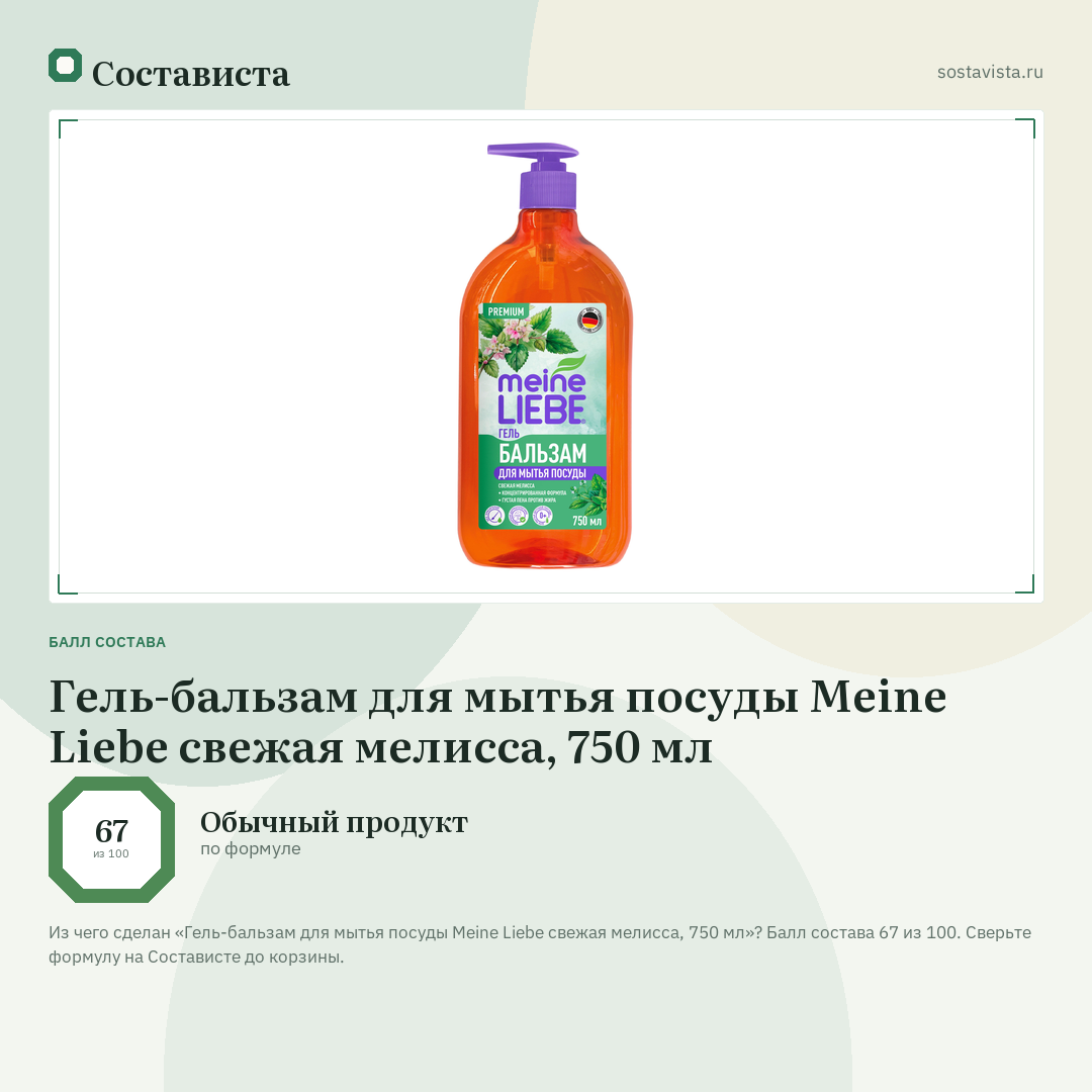 Гель-бальзам для мытья посуды Meine Liebe свежая мелисса, 750 мл: балл состава 67 из 100 — Состависта