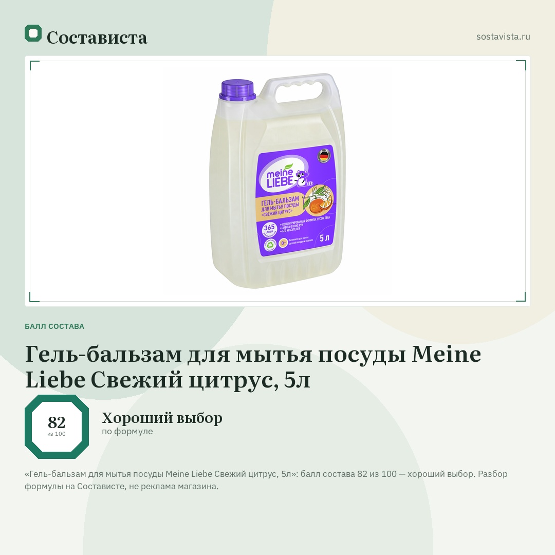 Гель-бальзам для мытья посуды Meine Liebe Свежий цитрус, 5л: балл состава 82 из 100 — Состависта
