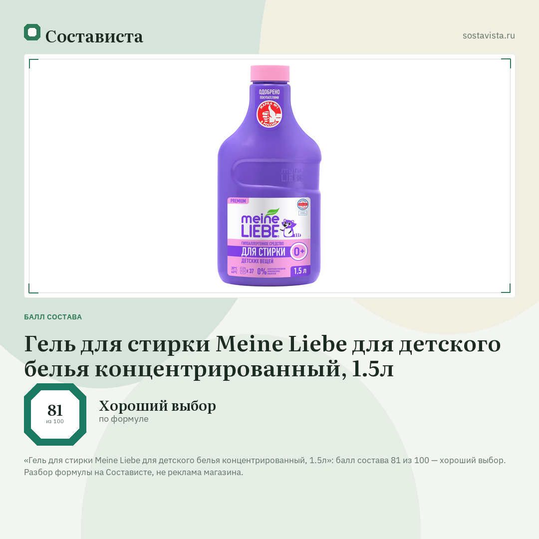 Гель для стирки Meine Liebe для детского белья концентрированный, 1.5л: балл состава 81 из 100 — Состависта