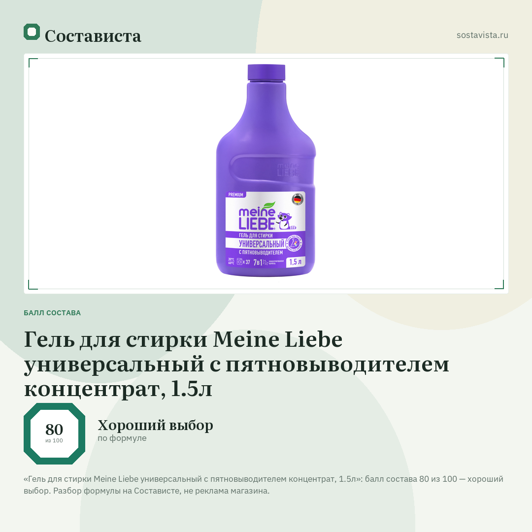 Гель для стирки Meine Liebe универсальный с пятновыводителем концентрат, 1.5л: балл состава 80 из 100 — Состависта