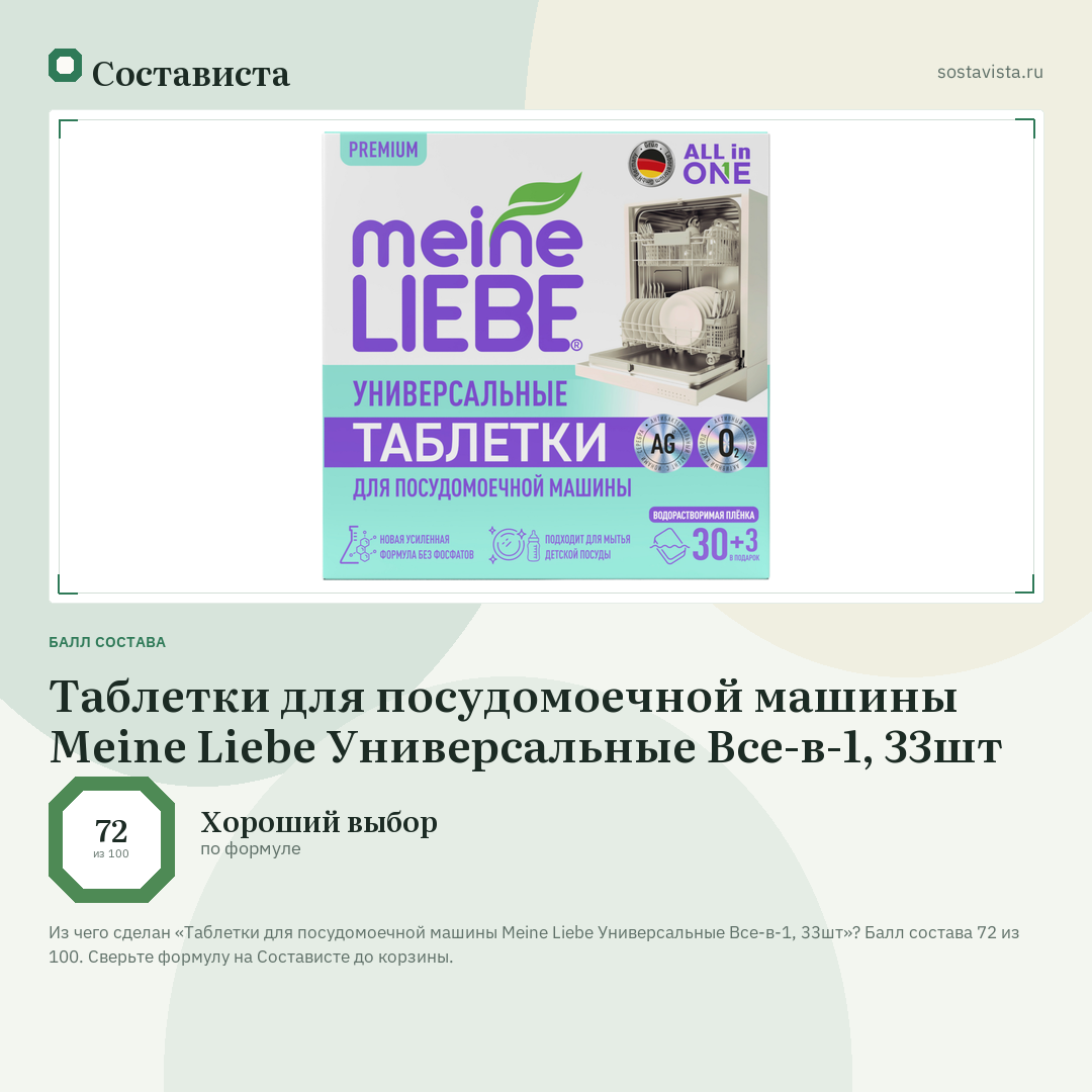 Таблетки для посудомоечной машины Meine Liebe Универсальные Все-в-1, 33шт: балл состава 72 из 100 — Состависта