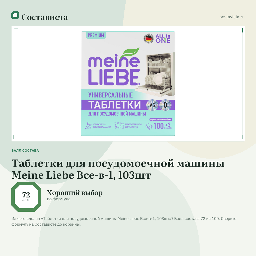 Таблетки для посудомоечной машины Meine Liebe Все-в-1, 103шт: балл состава 72 из 100 — Состависта