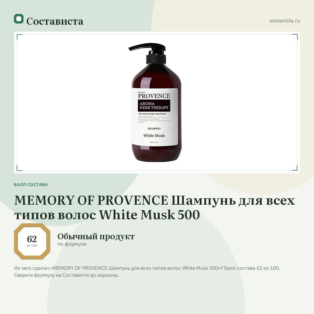 MEMORY OF PROVENCE Шампунь для всех типов волоc White Musk 500: балл состава 62 из 100 — Состависта