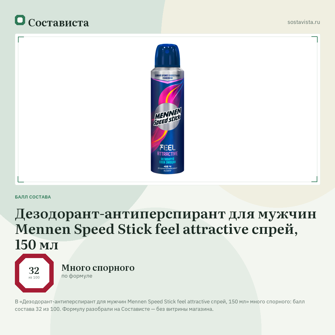 Дезодорант-антиперспирант для мужчин Mennen Speed Stick feel attractive спрей, 150 мл: балл состава 32 из 100 — Состависта